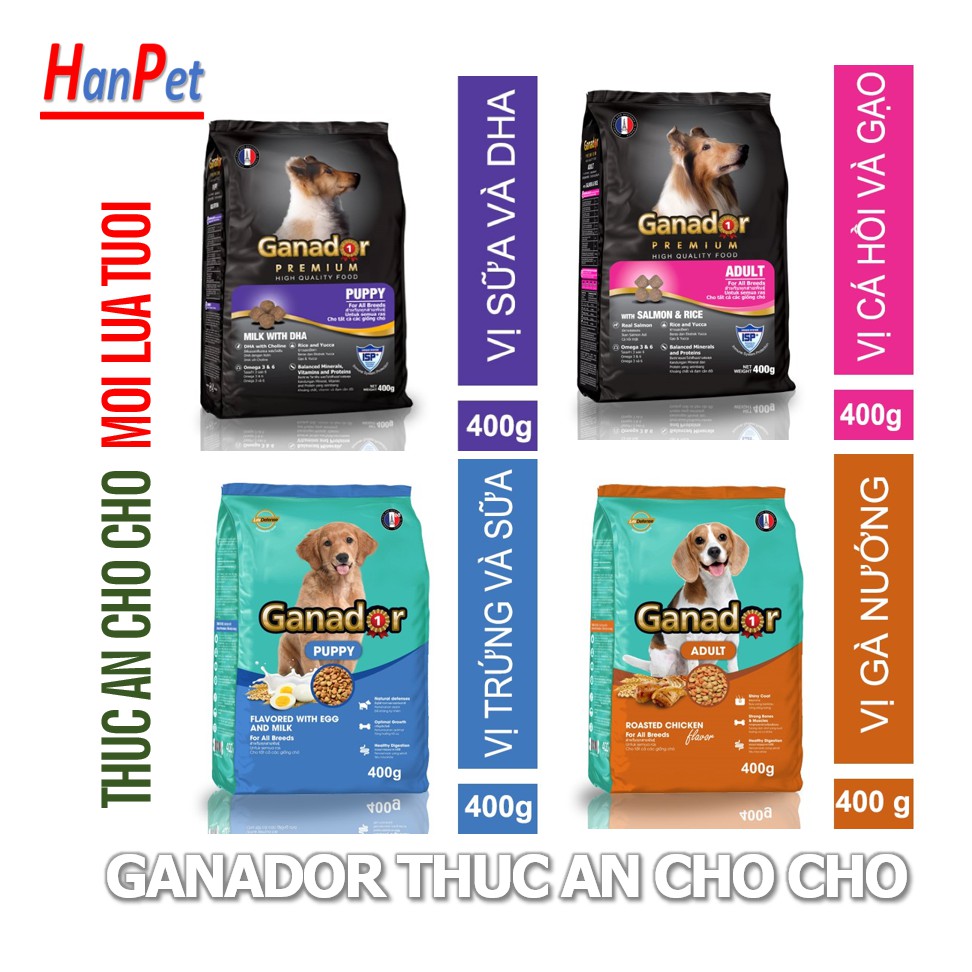 [Mã PET50K giảm Giảm 10% - Tối đa 50K đơn từ 250K] HN. Gói 400gr Thức ăn chó GANADOR dành cho các loại chó (hanpet 209)