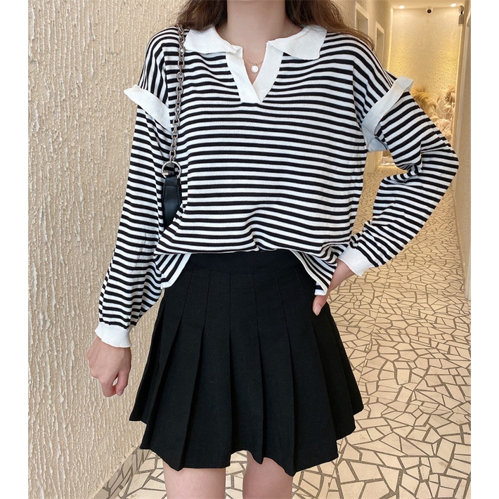 SUXI Áo Dệt Kim Tay Dài Dáng Rộng Kẻ Sọc Kiểu Hàn Quốc Thời Trang Mùa Thu Cho Nữ