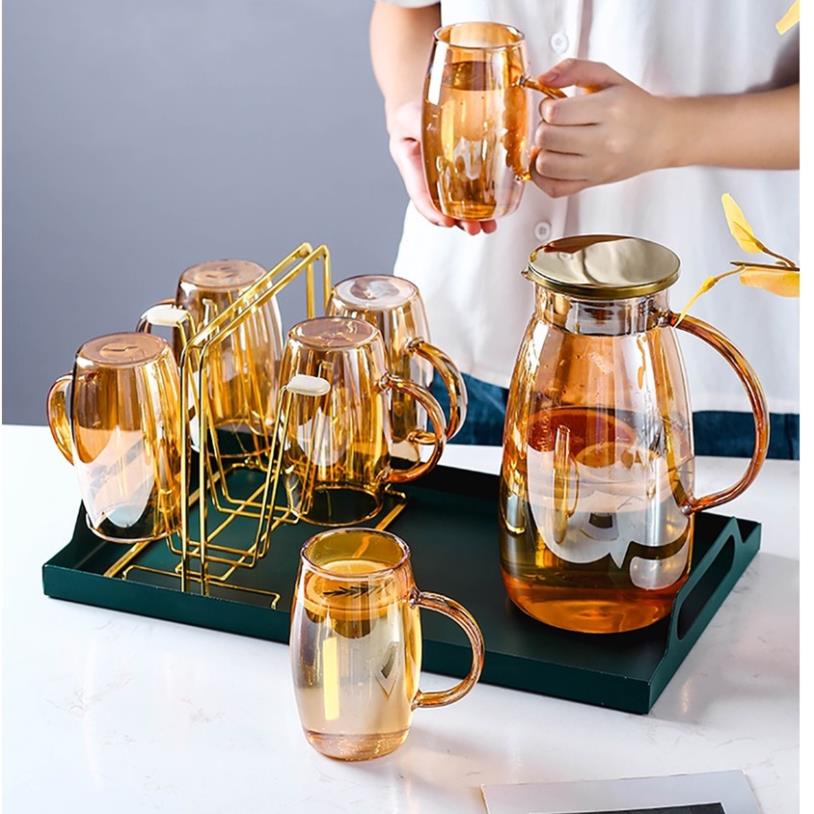 BỘ BÌNH 6 CỐC THUỶ TINH ÁNH TRAI CHỊU NHIỆT BOROSILICATE | BỘ CỐC BÌNH THUỶ TINH 7 MÀU PHA LÊ ĐẠI DƯ