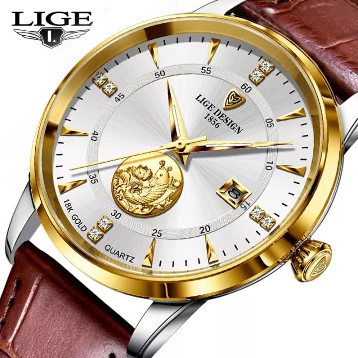 Đồng hồ thạch anh mặt số siêu mỏng 7mm LIGE 2021 có lịch dây da chống nước + Hộp dành cho nam | BigBuy360 - bigbuy360.vn