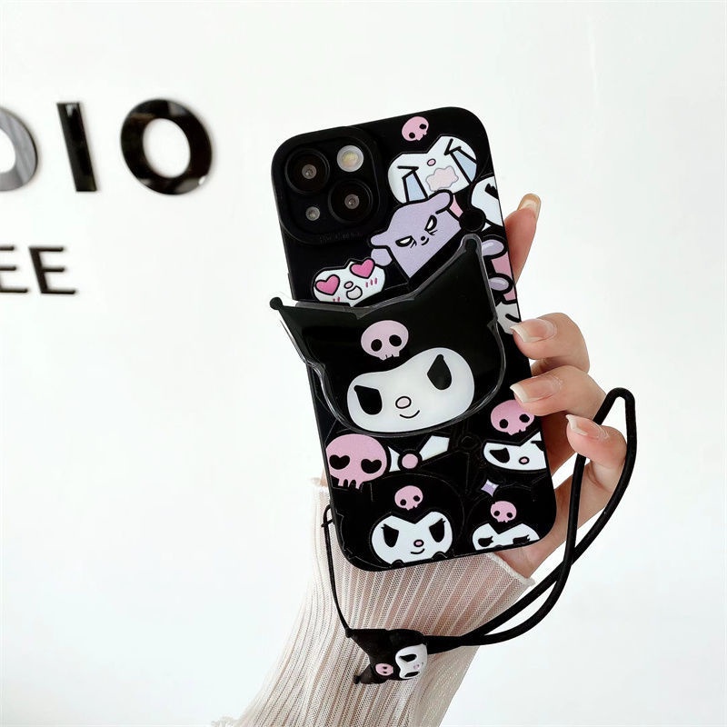 Ốp Điện Thoại Hình Kuromi Nhật Bản Màu Đen Đục Có Giá Đỡ Và Dây Đeo Cho iPhone 4 Trong 1 14 Pro Max 13 Promax 12 11 Xsmax Xr 7 8 Plus