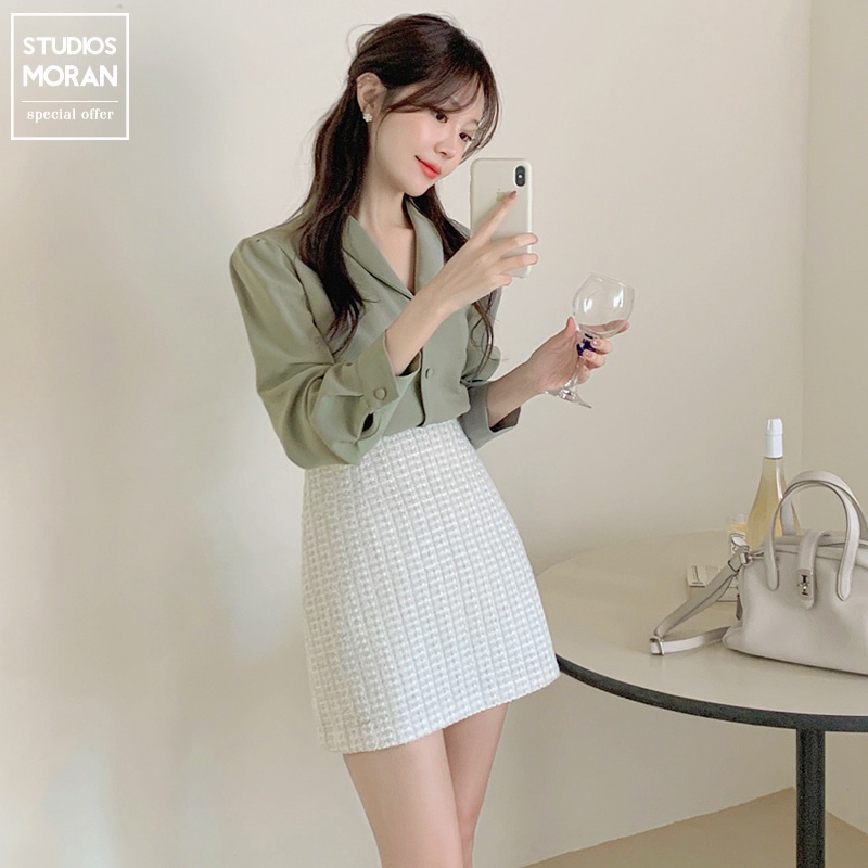 Áo sơ mi dài tay MORAN cổ bẻ cài khuy màu xanh pastel nhẹ nhàng thanh lịch style Hàn Quốc