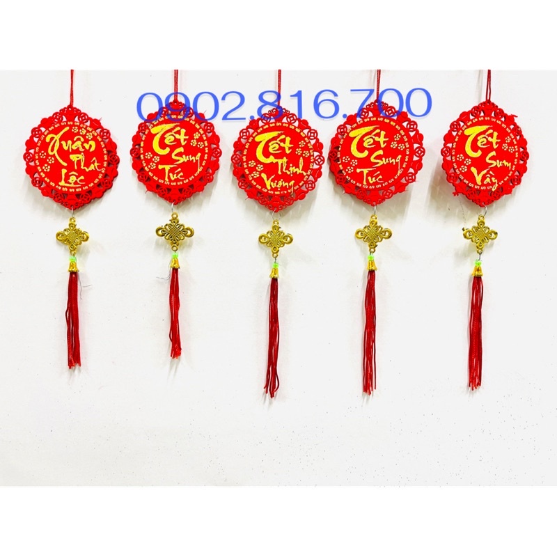 Set 5 Liễng nhung đỏ hình quạt , tròn , vuông chữ vàng đủ chữ treo cây mai - đào - tắc phụ kiện trang trí tết