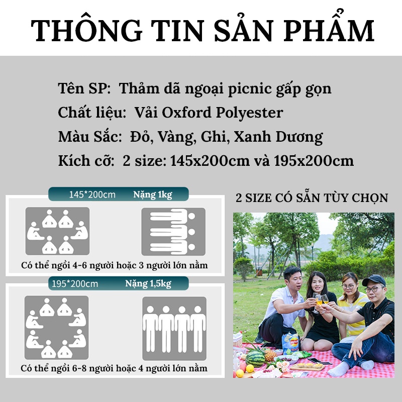 Thảm Trải Picnic, Thảm Dã Ngoại Họa Tiết Caro Gấp Gọn, Chống Thấm