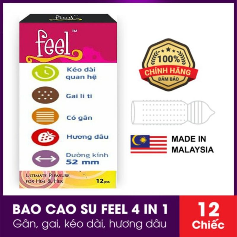 Bao cao su kéo dài thời gian Feel 4 in 1 ( hộp 12 cái - có chế tên), có gân, gai, cảm giác thăng hoa, Malaysia.