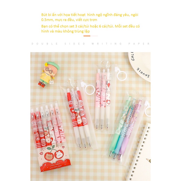 Bút bi bấm cute họa tiết hoạt hình sinh động hai loại set 3 và set 6 bút bi