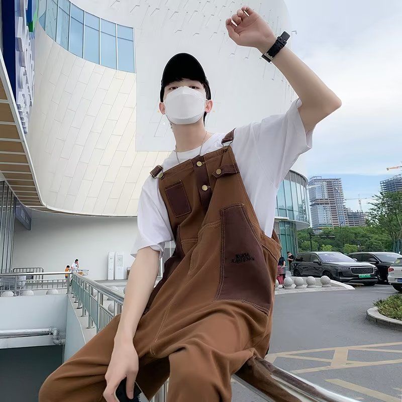 IMaodou Quần Yếm Dáng Rộng Nhiều Túi Màu Sắc Tương Phản Phong Cách Hong Kong Cho Nam Và Nữ Size S-4XL