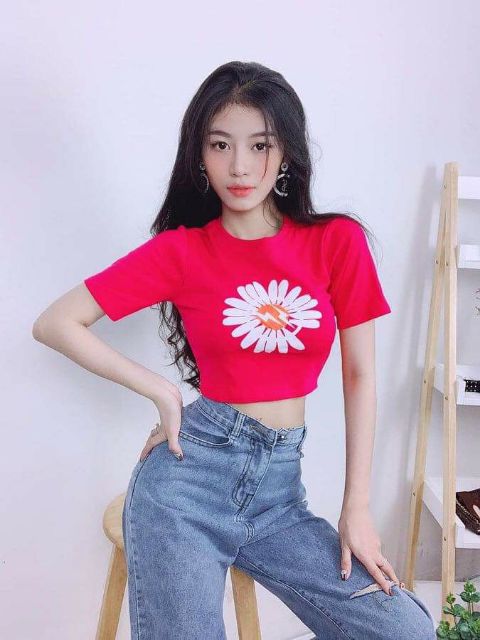 Áo Croptop in Hoa CT cotton Co giãn, thấm hút mồ hồi