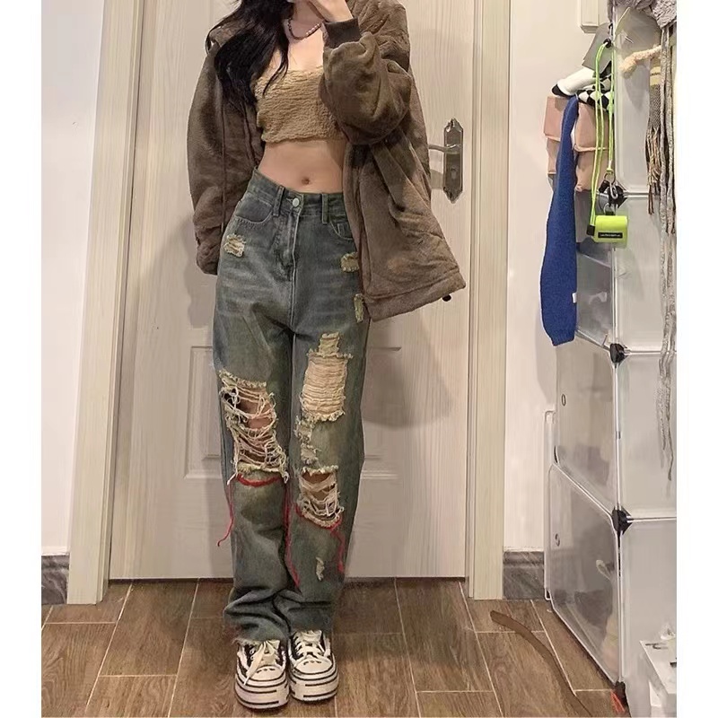 Quần jean nữ unisex ống rộng, quần bò nữ unisex rách phong cách hip hop cá tính C856
