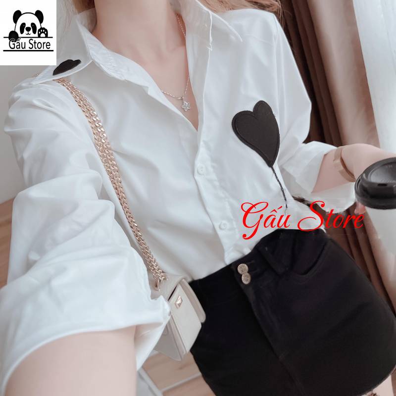 Áo sơ mi trắng nữ thêu trái tim phong cách Hàn Quốc áo sơ mi nữ đẹp Gấu Store
