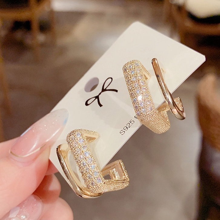 Đôi bông tai bạc 925 đính đá giả hai lớp thời trang sang trọng cho nữ