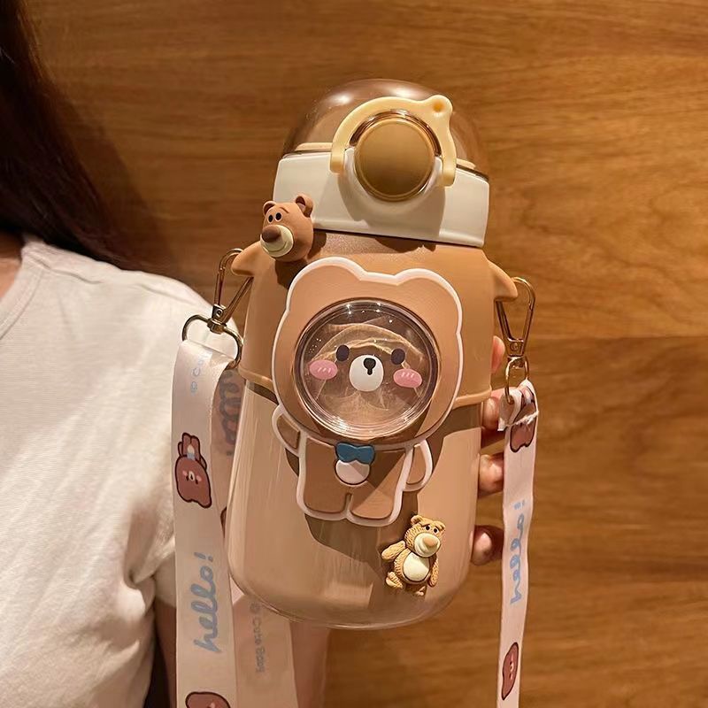 Bình Nước Giữ Nhiệt Bằng Thép Không Gỉ Chống Sốc Có Ống Hút Hình Gấu Hello Kitty Phong Cách Hàn Quốc Cho Bé