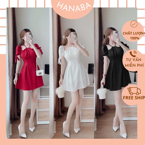 Đầm váy nữ cổ yếm tay ngắn buộc nơ có mút ngực bigsize dáng xoè gợi cảm quý phái cho nàng dự tiệc màu đỏ đen trắng