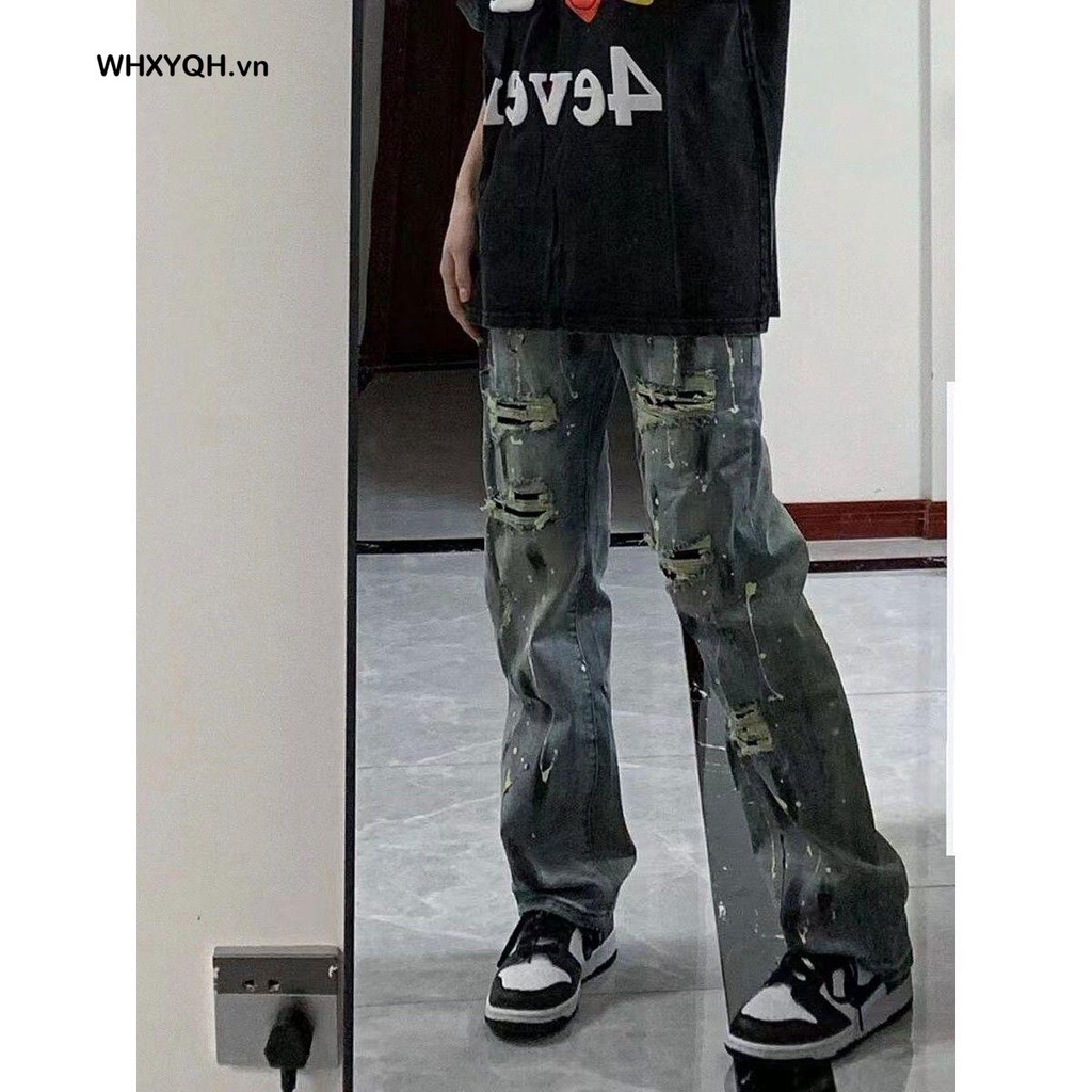 Quần Jean Dài Ống Suông Rộng Phối Rách Cá Tính Theo Phong Cách Retro