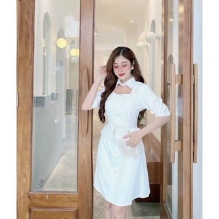 Đầm trắng mango cổ sơ mi phối nút dáng xòe - hình shop chụp thật