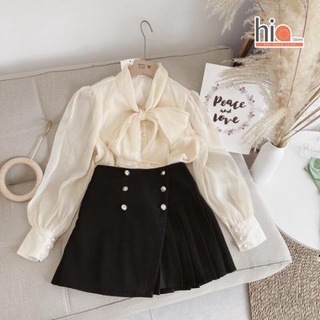 Áo sơ mi voan 2 lớp tay bồng kiểu công sở cổ nơ