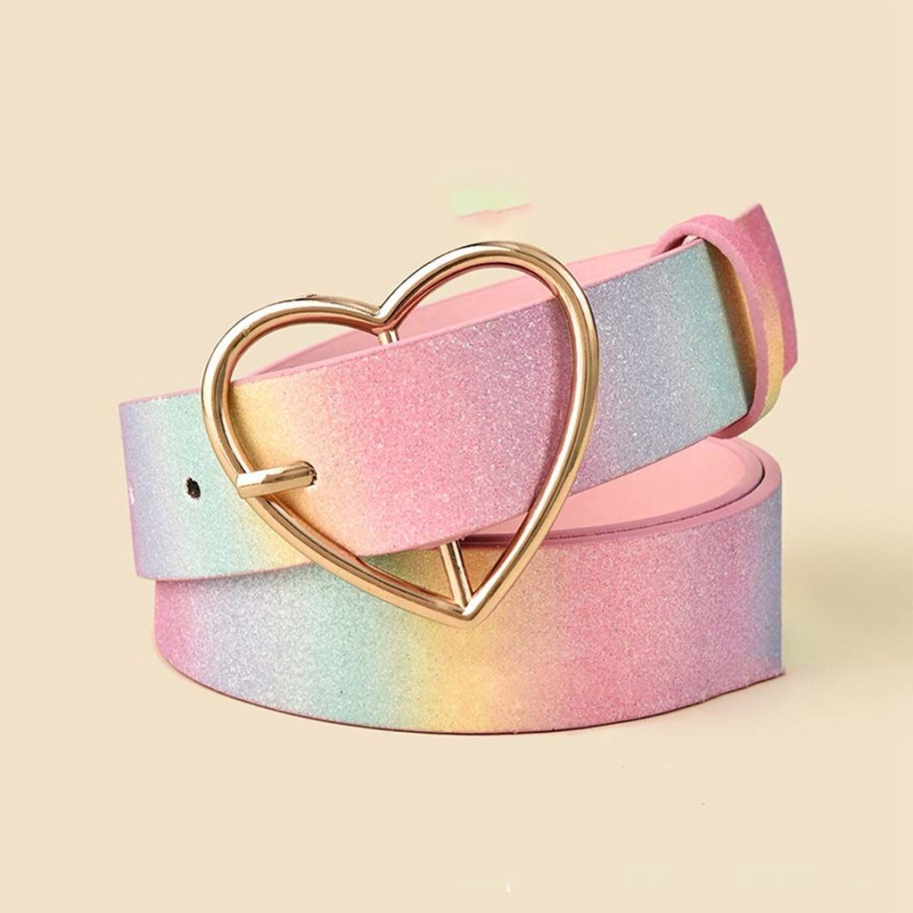 🍒ME🍒 Apparel Accessories Rainbow Belt Shiny Dress Gothic Leather Belt Heart-Shaped Buckle Belts Adjustable Fashionable Pink Sequins
