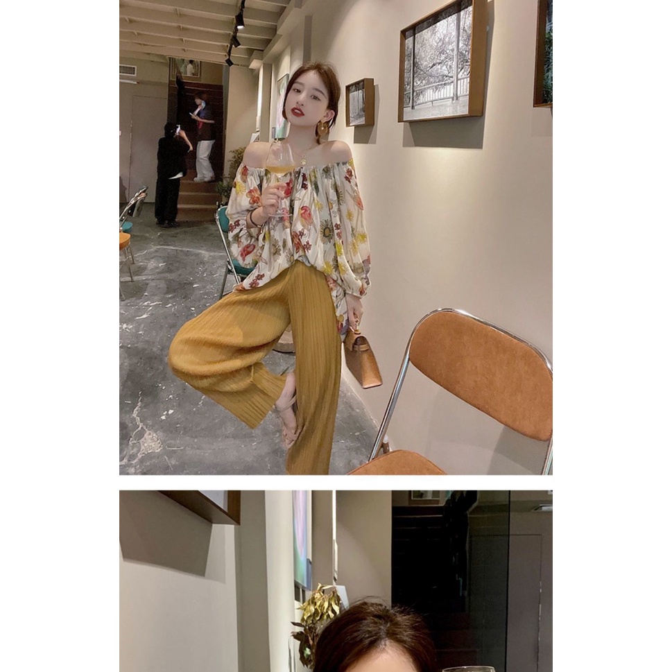 Bộ áo ngắn tay và quần ống rộng phong cách phương tây mùa hè cho nữ