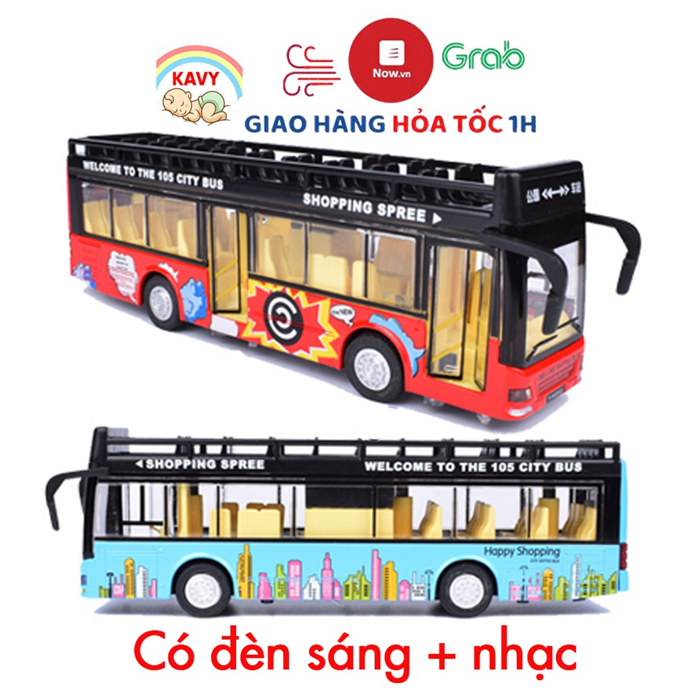 Đồ chơi mô hình xe bus 2 tầng mui trần KAVY có nhạc và đèn chạy cót bằng kim loại bền bỉ, xe thăm quan du lịch thành phố