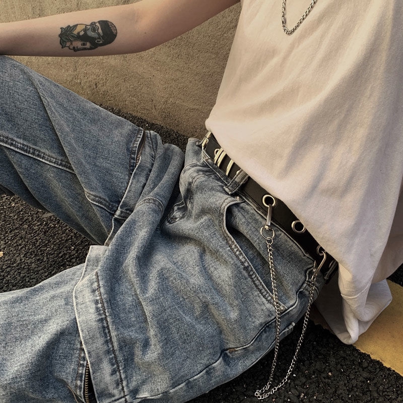 Thắt lưng da PU 22534 thiết kế đục lỗ phối dây xích thời trang punk dễ phối đồ cho nam và nữ