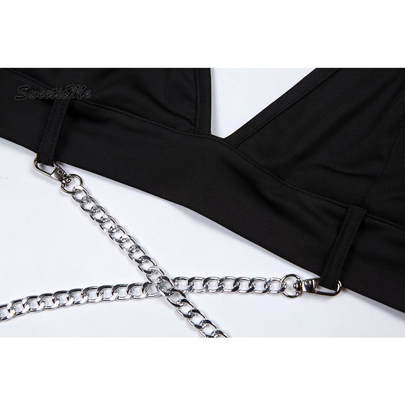 SweeticMe Women's New Halter Neck Tie V-neck Sexy Metal Decorative Halter Top