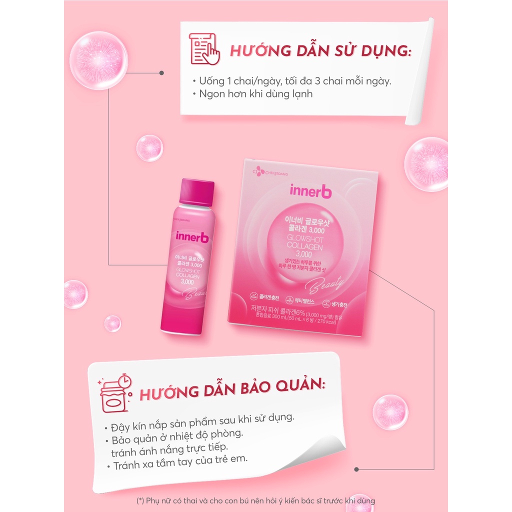 Combo hộp 6 chai nước uống Collagen Vitamin C sáng da InnerB Glowshot & thực phẩm bảo vệ sức khỏe InnerB Snow White