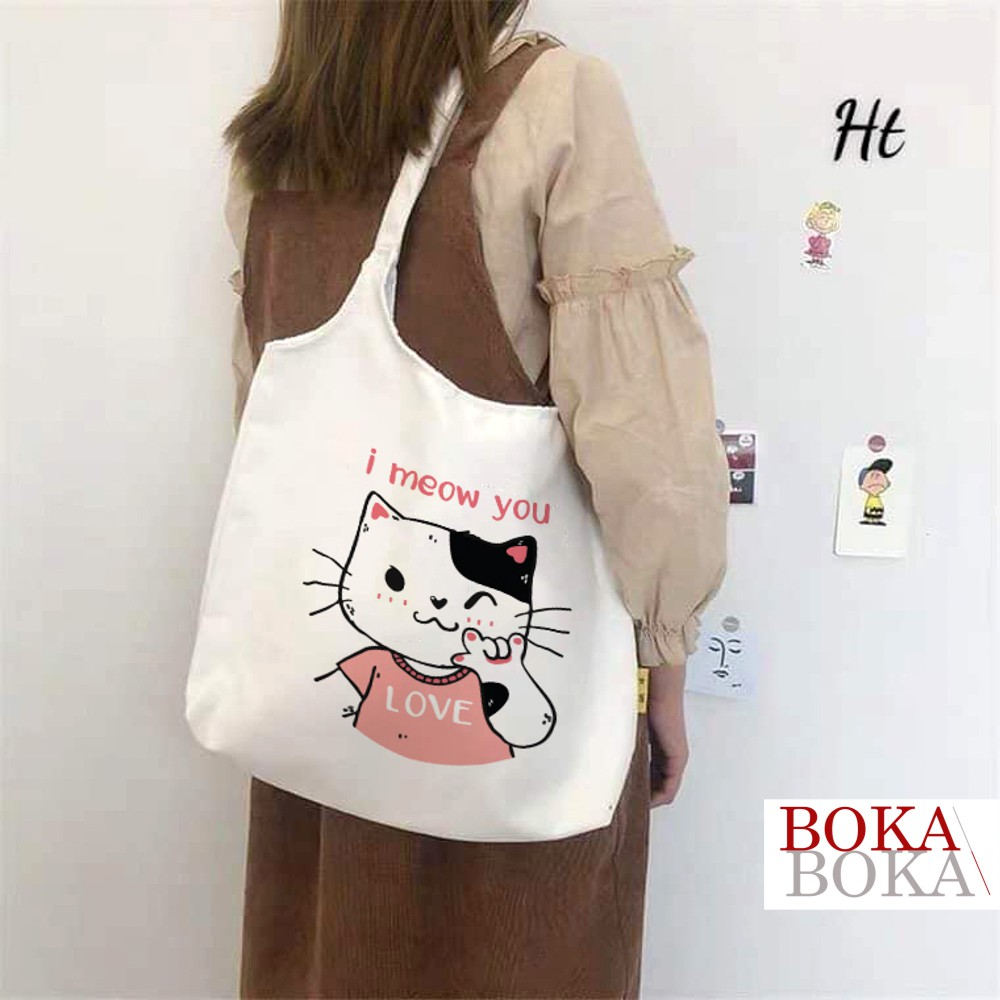 Túi Tote Vải Canvas Quai Tròn Hình Mèo Meow U Phong Cách Ulzzang (Có Khóa Kéo)