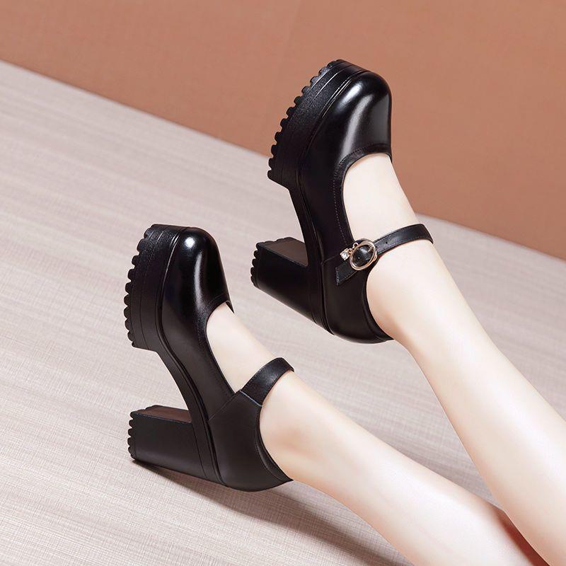 Giày Cao Gót Da Mềm Mũi Tròn Đế Dày Chống Thấm Nước Cho Nữ