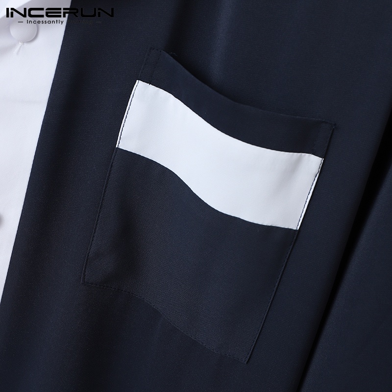 Áo sơ mi INCERUN tay dài dáng rộng cài nút màu sắc tương phản thời trang mùa xuân cho nam