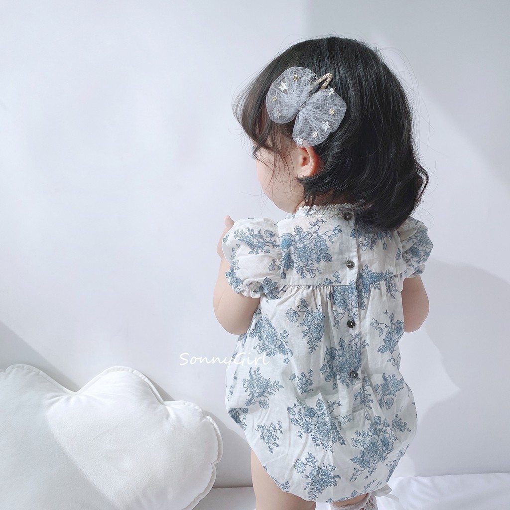 [Blue Floral] Bộ liền thân họa tiết hoa xanh kèm turban , romper sơ sinh chất liệu cotton xô mềm mại bé gái 3-24 tháng