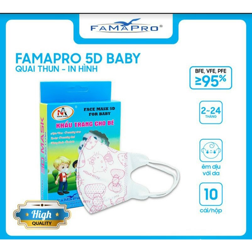 Khẩu trang y tế cho Bé 5D Baby -kháng khuẩn Famapro (Nam Anh) - Hộp 10 cái