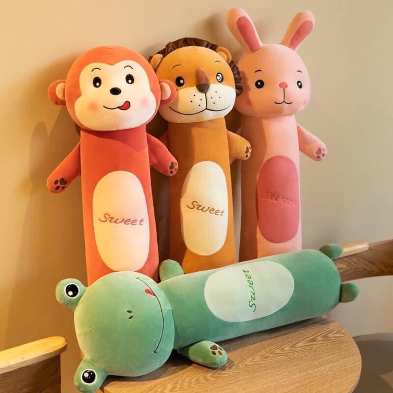 Gối ôm Gấu bông hình thú dễ thương loại dài 60cm (Thỏ, ếch, sư tử, khỉ) cho bé trai và bé gái, Goi om/ Gau bong