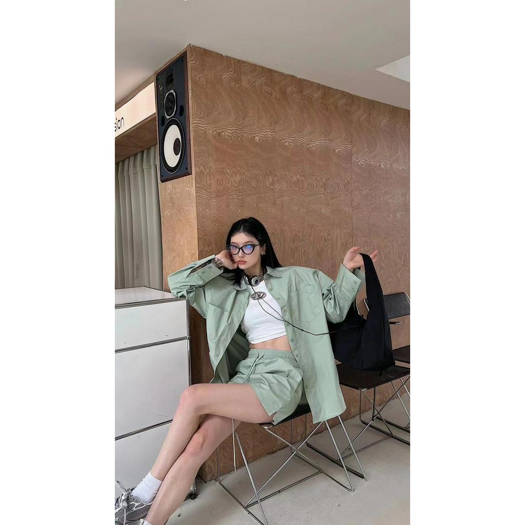 SET 3 MÓN XANH MINT: ÁO SƠ MI XANH + ÁO TRẮNG + QUẦN SHORT LƯNG THUN RÚT DÂY (TH)
