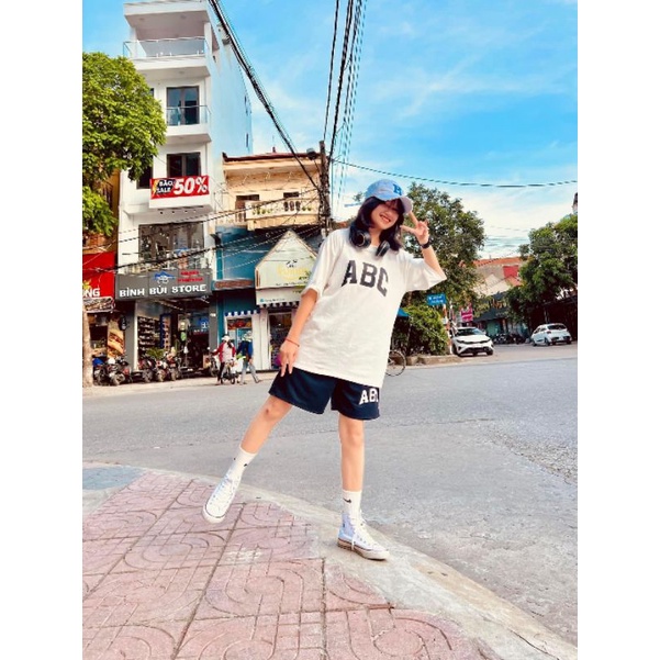 Sét đồ nam nữ Áo ABC unisex + quần short đùiChất cotton form thụng tay lỡForm &lt;55kg Bộ mặc nhà; đi chơi...