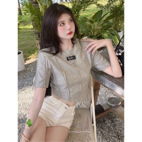 Áo thun croptop kiểu viền nổi tay ngắn thêu logo (B.C)