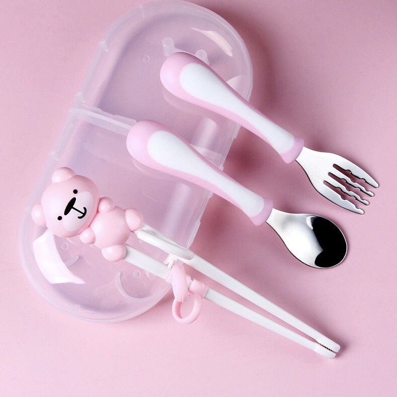 Bộ 3 thìa nĩa đũa tập ăn hình gấu cao cấp kèm hộp đựng cho bé