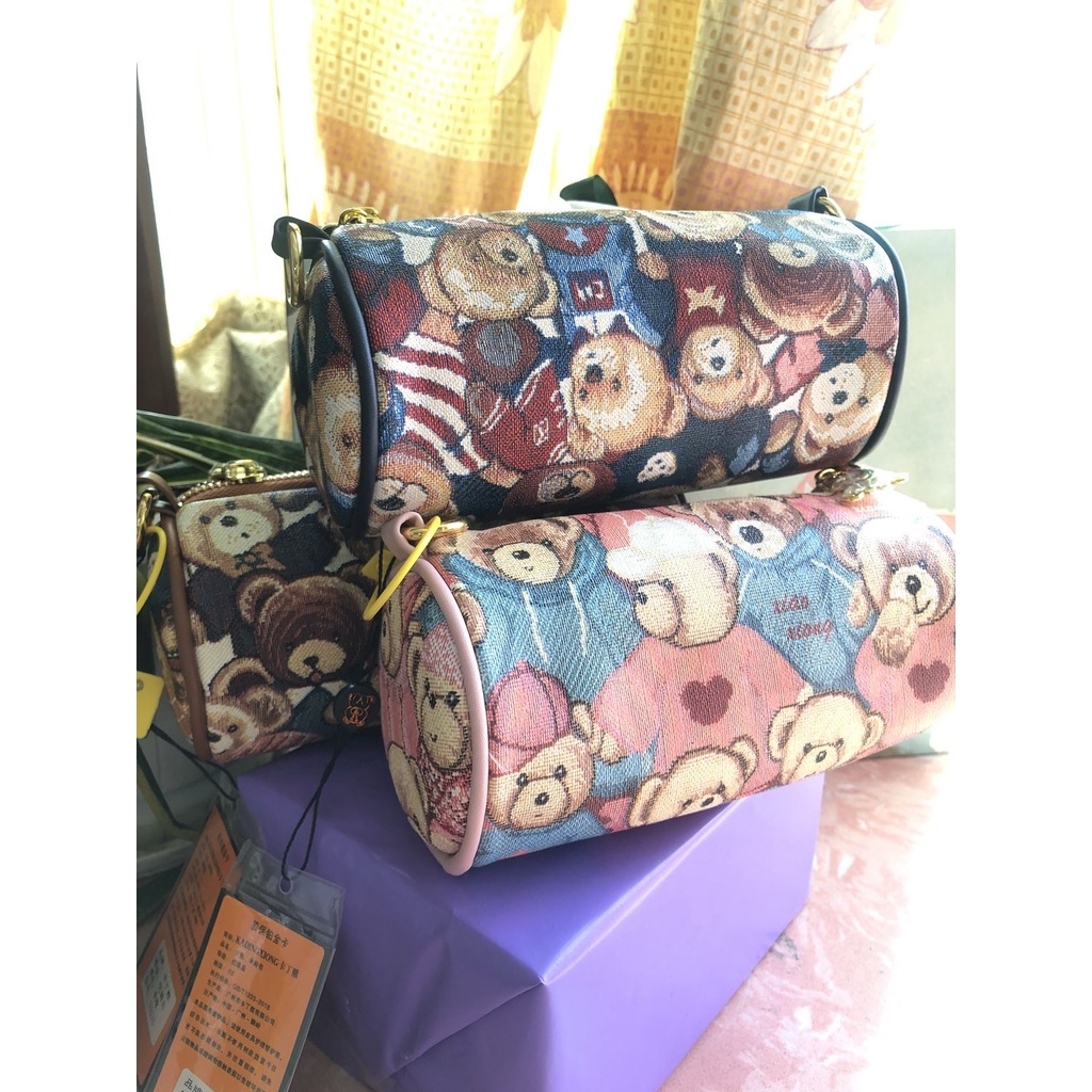 Túi Đeo Chéo Mini Hình Trụ In Họa Tiết Chú Gấu Dễ Thương Thời Trang Cho Nữ