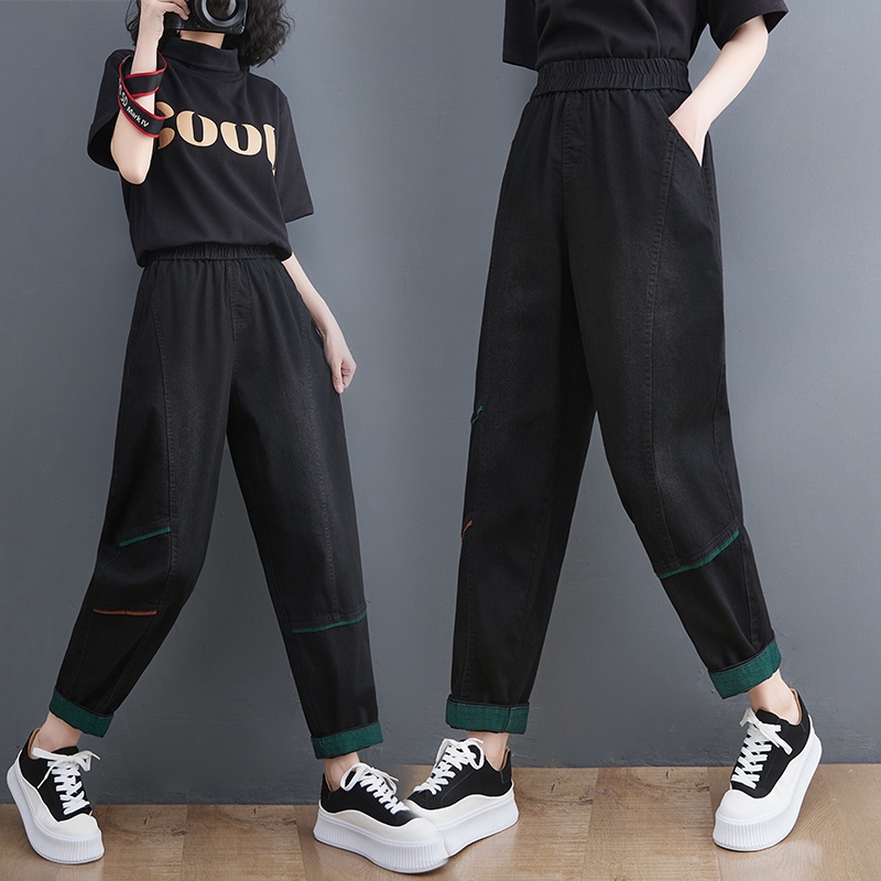 B372 Quần bò bigsize cạp chun gấu phối màu xanh thời trang