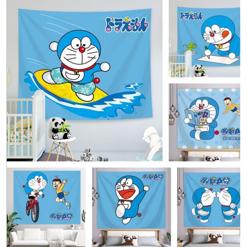 Tấm vải treo tường hình doremon đáng yêu decor phòng ngủ cực cute tặng kèm phụ kiện móc treo