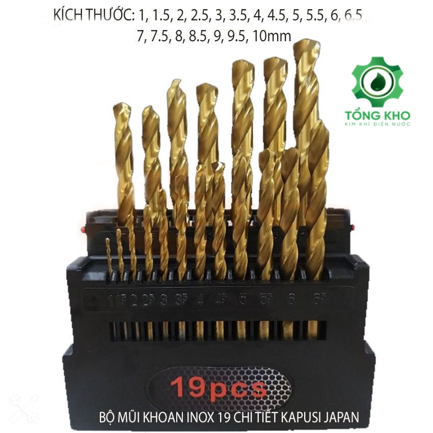 Bộ 19 mũi khoan inox Kapusi Japan kích thước từ 1-10mm - Set mũi khoan kim loại chính hãng  - Tổng kho kim khí điện nước