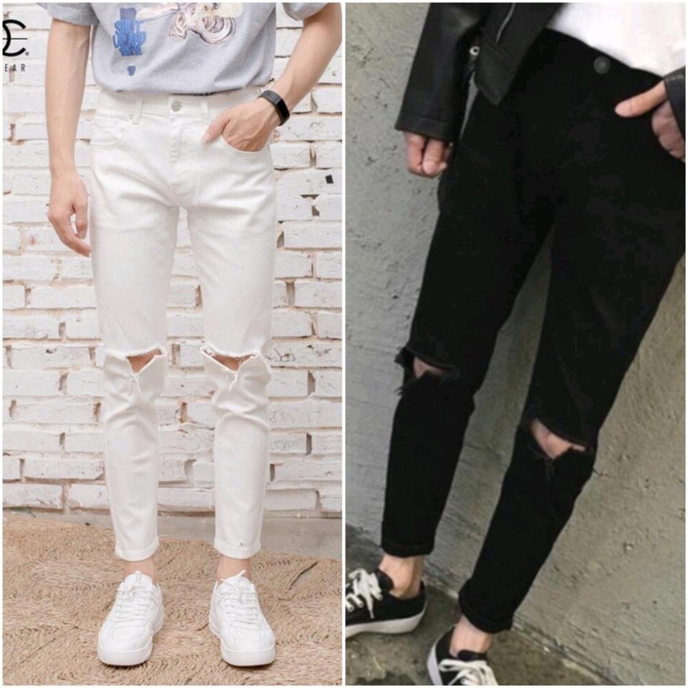 ️🤹️🎊 Quần Jeans Nam Đen Trắng Rách Gối Xẻ V Có Size Lớn 37 38 ️🤹️🎊