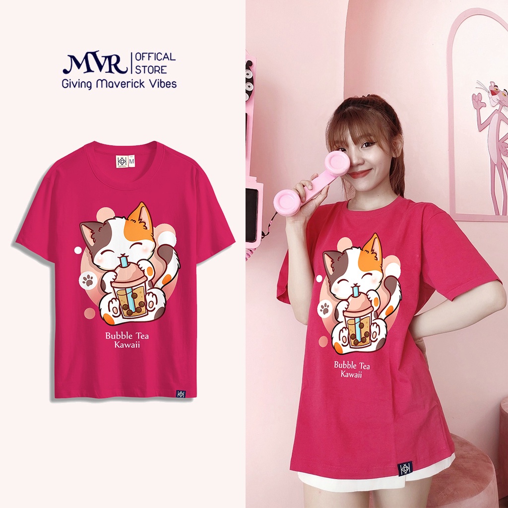 Áo thun mèo hồng phông unisex form rộng tay lỡ hình meo dễ thương uống trà sữa MVR KK1415