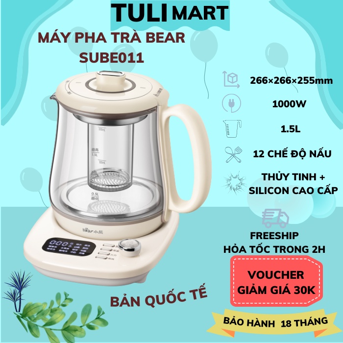 Máy Ấm Pha Trà, Bình Đun Trà Dưỡng Sinh Mini đa năng 1.5L Bear SUBE011 (YSH-C15Q5), 12 chế độ nấu, Quà Tặng Cho Ba Mẹ