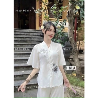 (SHOP nàng béo BIGSIZE 50kg đến 90kg ) set đồ đi chùa thêu hoa