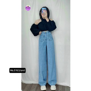 Mẫu quần jean ống suông nữ cạp cao, xanh đậm nhạt - chun247