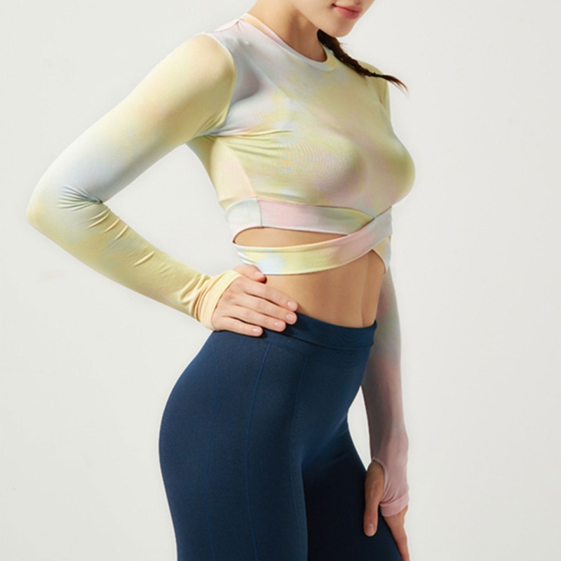 Brroa Áo Crop Top Tay Dài Ôm Dáng Chéo Màu Gradient Dành Cho Nữ Tập Gym Yoga Chạy Bộ