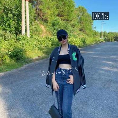 Áo Khoác Bomber Chữ G Xanh Unisex Chất Nỉ Cotton Tay Phối Da Xưởng May DCS Mã