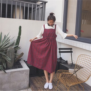 VÁY YẾM KẺ NỮ SINH ULZZANG TẦM 55KG TÙY CHIỀU CAO SẴN ĐỎ  (KHÔNG KÈM ÁO)