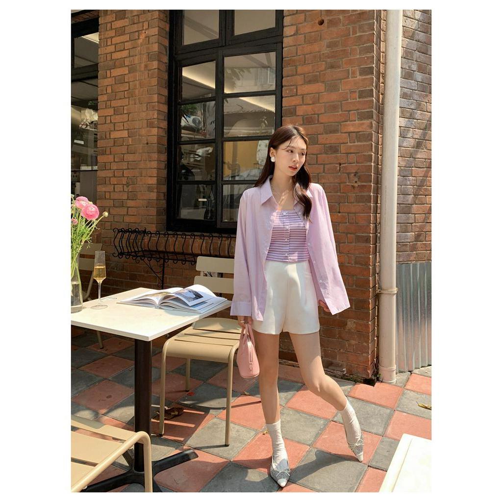 Set Áo Hai Dây Họa Tiết Kẻ Sọc + Áo Sơ Mi Màu Trơn Chống Nắng Thời Trang Xuân Hè Hàng Mới 64058