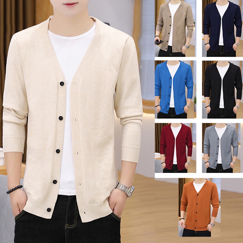 Áo Khoác Cardigan Dệt Kim Cổ Chữ V Màu Sắc Đơn Giản Phong Cách Retro Size M-3XL Cho Nam Giới (8 Màu Lựa Chọn